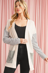 Black Striped Patchwork Pocket Open Front Cardigan