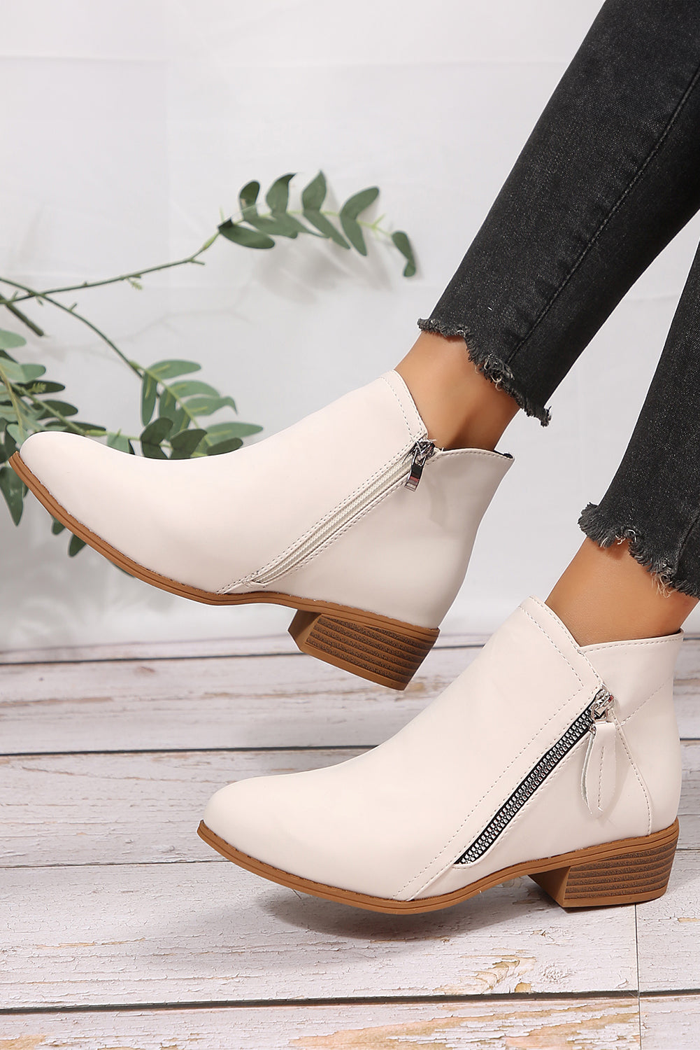 White Faux Leather Double Zip Low Heel Ankle Boots