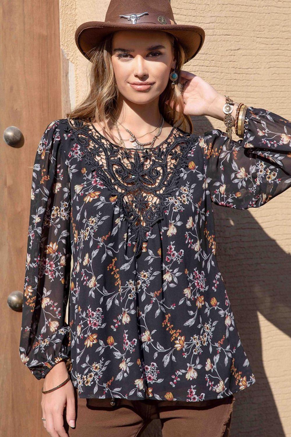 Printed Round Neck Long Sleeve Blouse - PD SECRET REALM