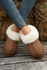 Chestnut Plush Suede Trim Thick Sole Flat Snow Boots