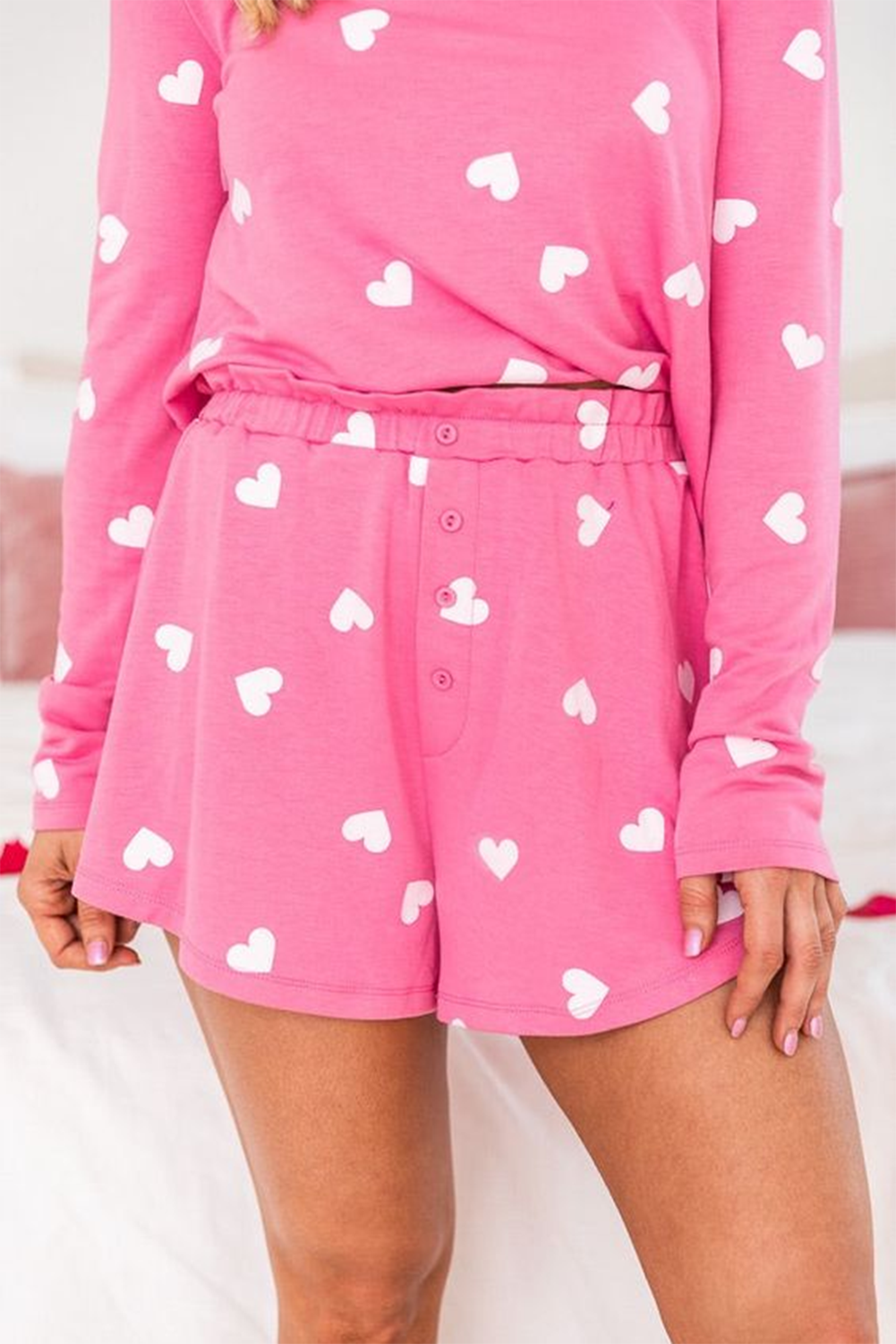 Pink Valentine Heart Print Long Sleeve Top and Shorts Pajama Set