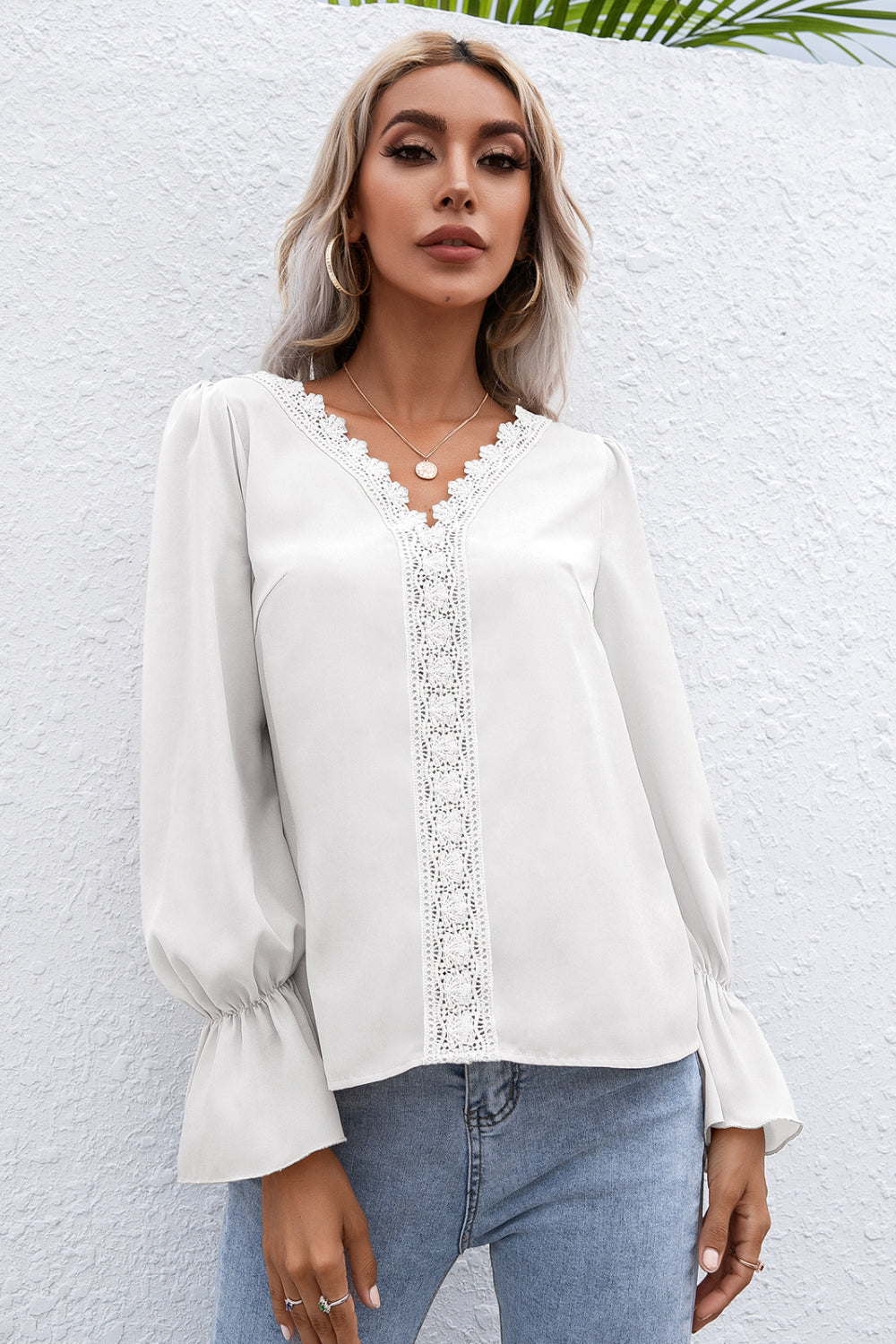 Ivy Lane Lace Trim Flounce Sleeve Blouse