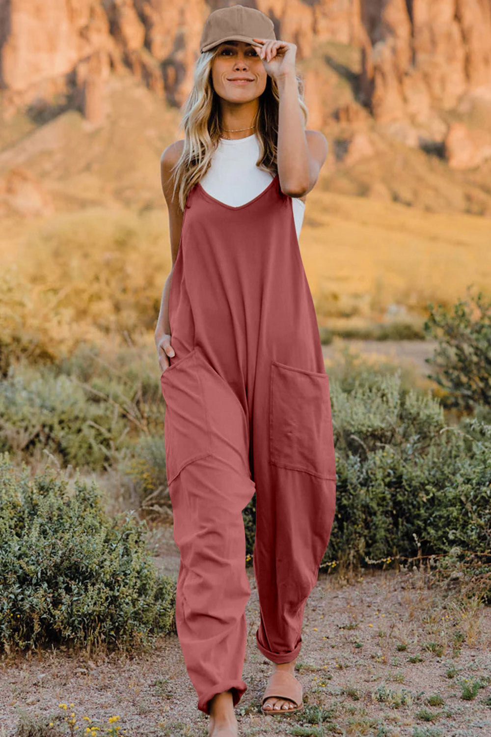 Full Size V-Neck Sleeveless Jumpsuit with Pockets