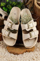 Beige Suede Buckle Decor Corky Platform Slides Shoes