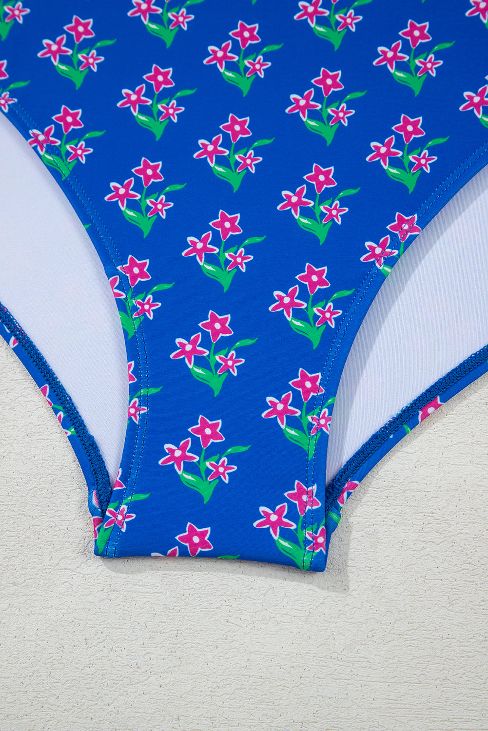 Blue Tropical Print Crop Cami and High Waist Plus Size Bikini Set