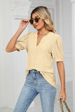 Eyelet Short Puff Sleeve Notched Neck Top - PD SECRET REALM