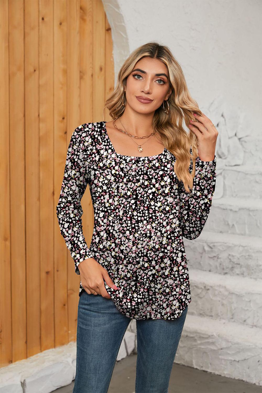 Printed Square Neck Long Sleeve Blouse - PD SECRET REALM