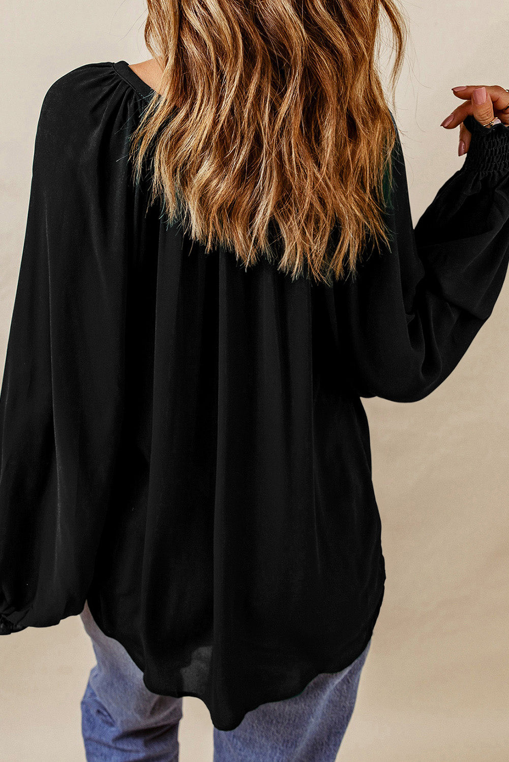 Notched Neck Lantern Sleeve Blouse