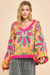 Davi & Dani Floral Contrast V-Neck Dropped Shoulder Sweater