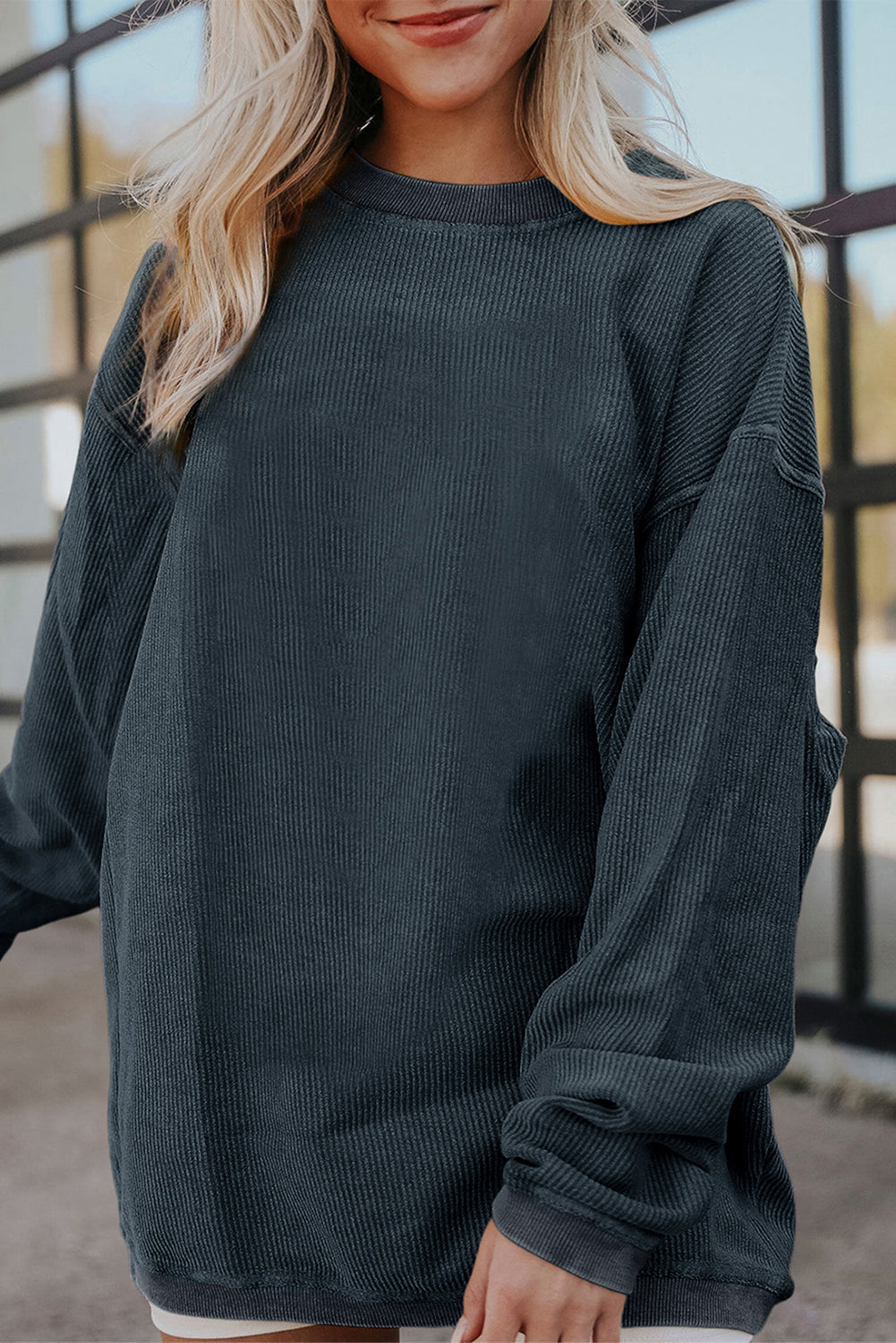 Dark Blue Plain Drop Sleeve Crinkle Rib Oversized Sweatshirt