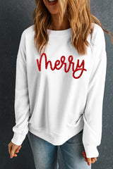 Beige Glitter Merry Graphic Crew Neck Sweatshirt