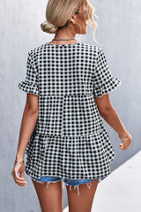 Plaid V-Neck Short Sleeve Blouse