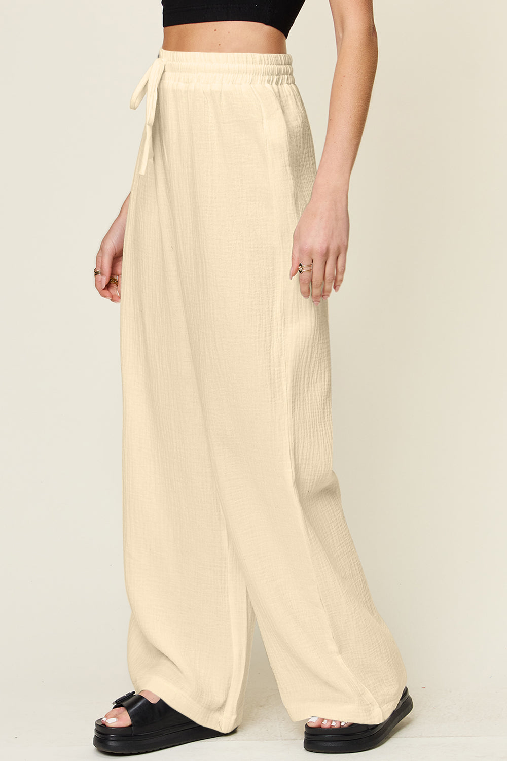 Full Size Texture Drawstring Wide Leg Pants