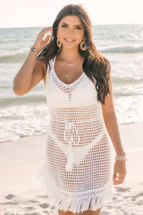 White Crochet Fishnet Fringe Hem Beach Cover Up