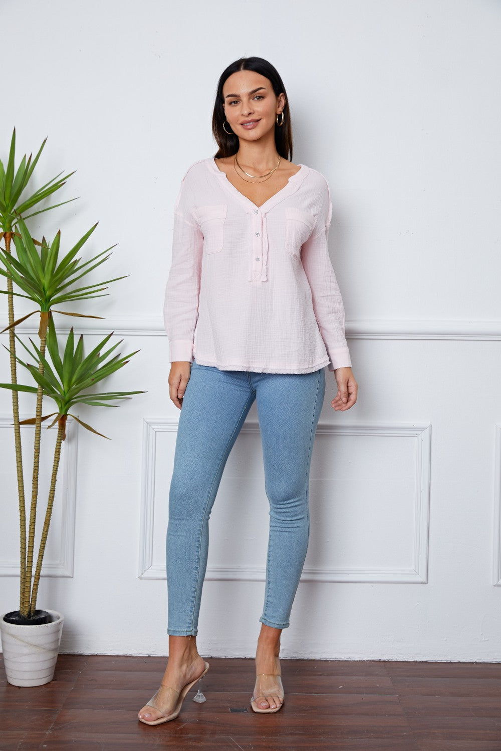 Texture Half Button Raw Hem Top