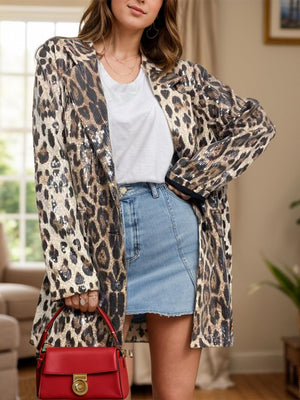 Leopard Lapel Collar Long Sleeve Longline Blazer - PD SECRET REALM