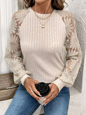 Round Neck Lace Patchwork Long Sleeve Top - PD SECRET REALM