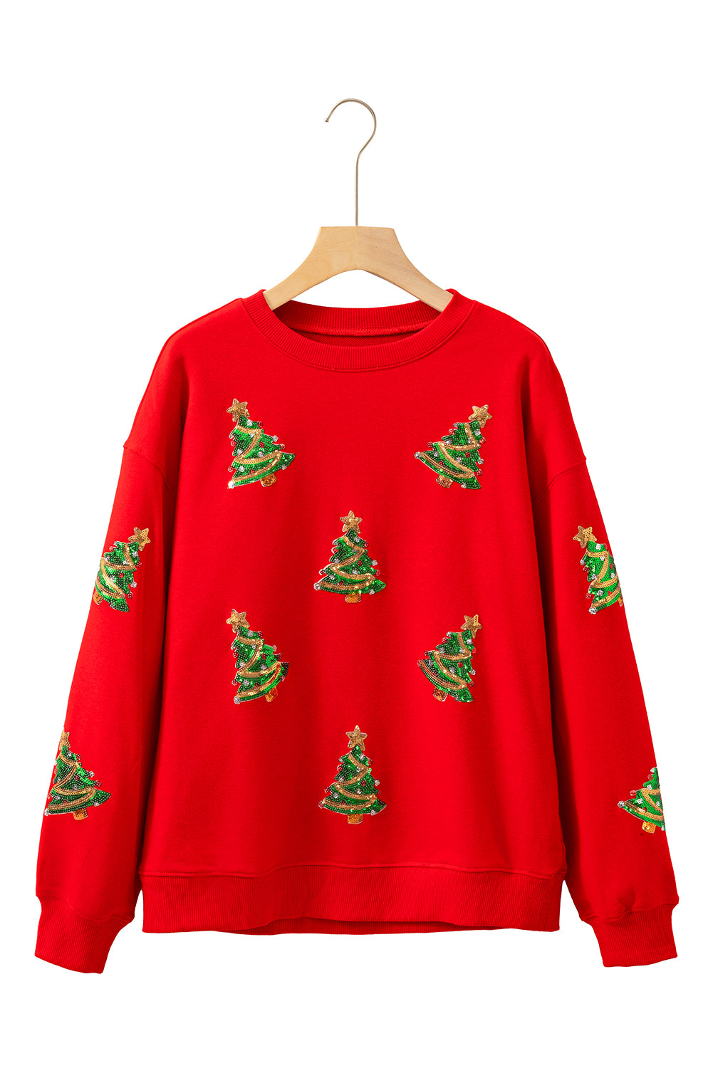 Red Sequin Christmas Tree Graphic Drop Shoulder Sweatshirt