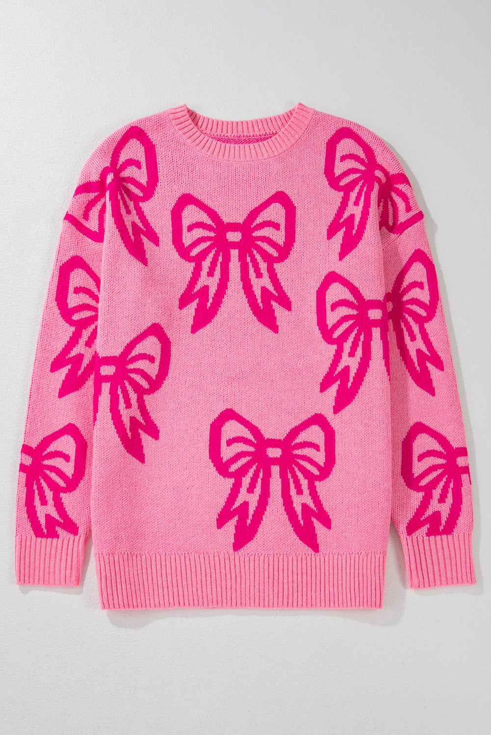 Pink Bow Pattern Drop Sleeve Loose Sweater