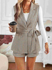 Tied Plaid Collared Neck Vest and Shorts Set - PD SECRET REALM