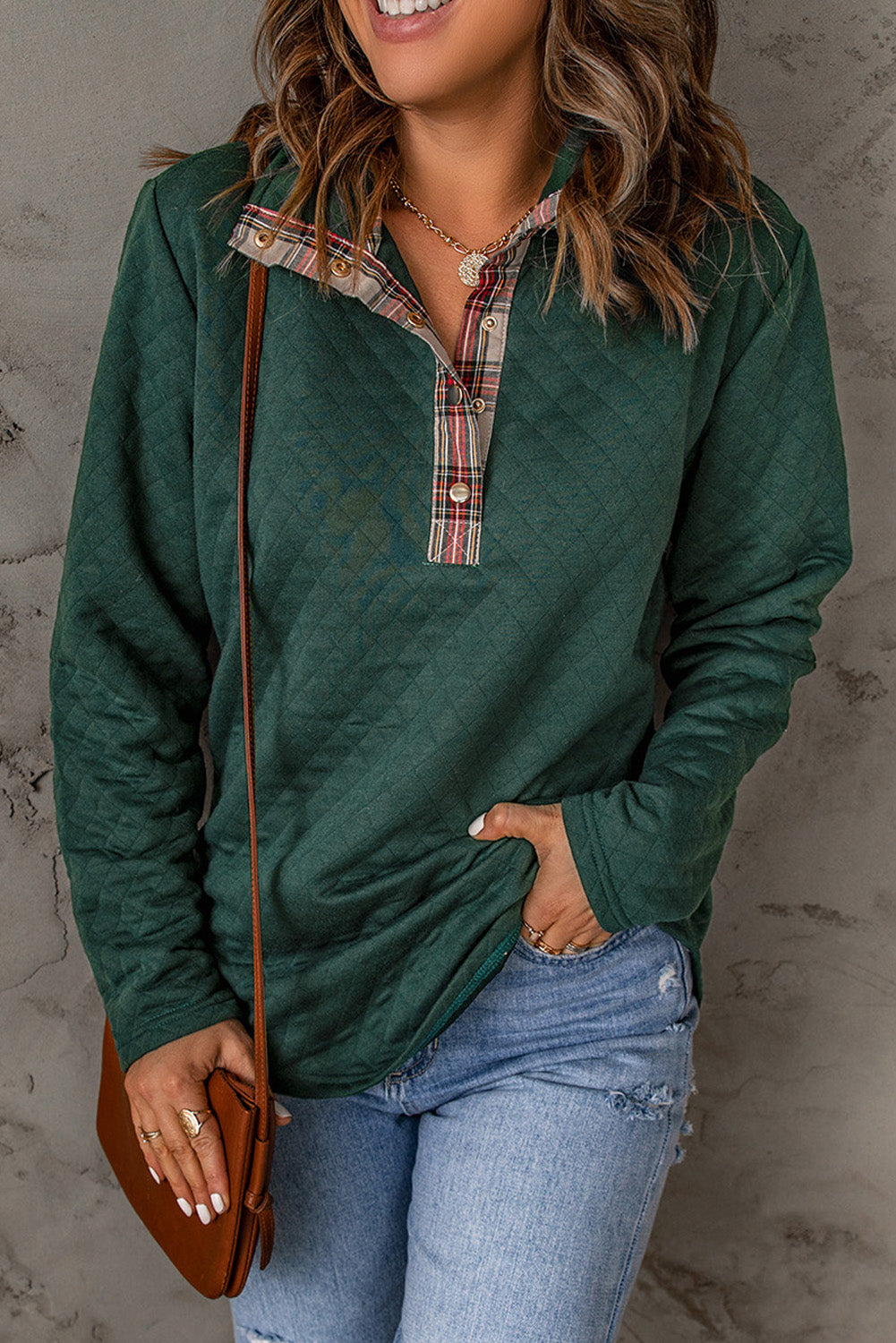 Green Plaid Geometric Texture Trim Buttons Neck Quilted Sweatshirt