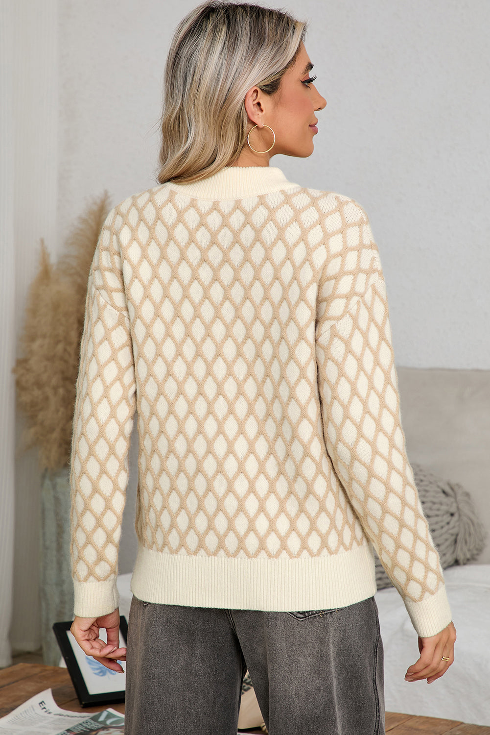 Oatmeal Rhombus Textured Knit Drop Sleeve Sweater