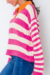 Contrast Stripes Johnny Collar Long Sleeve Sweater - PD SECRET REALM