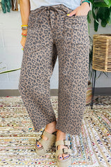 Khaki Leopard Print Drawstring Waist Pocketed Wide Leg Jeans