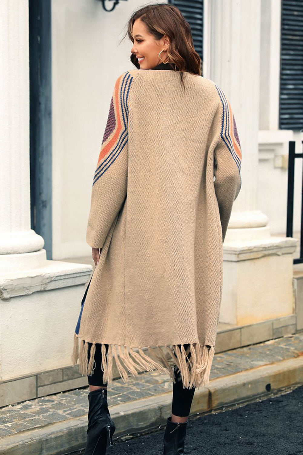 Khaki Geometric Stripe Fringe Hem Knitted Cardigan