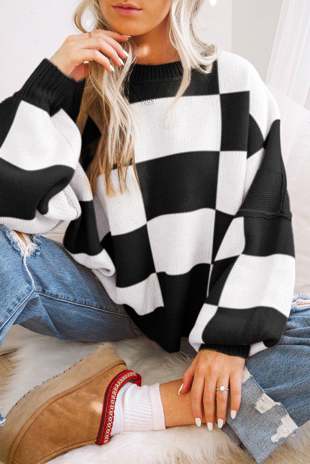 Green Checkered Bishop Sleeve Pullover Sweater