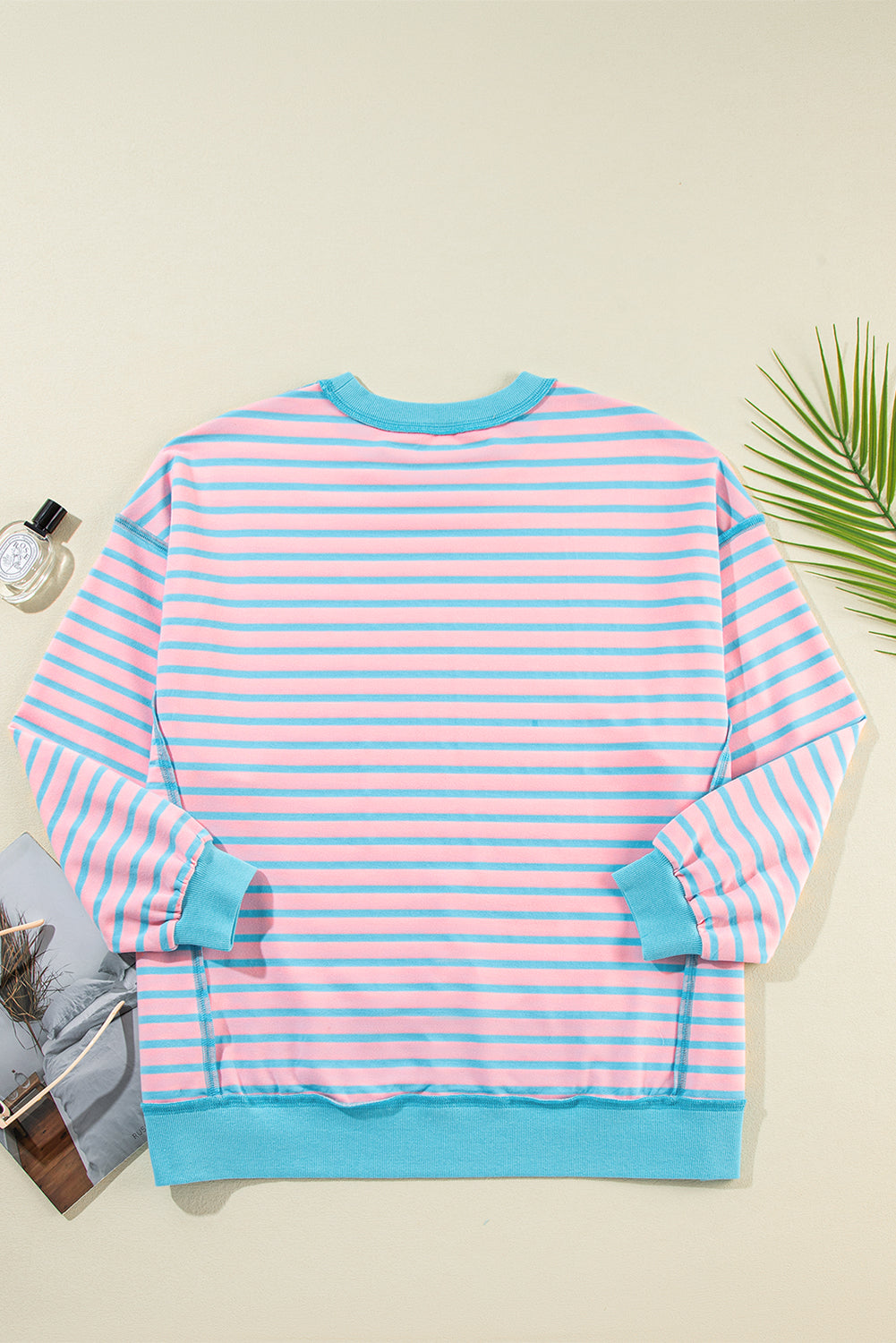 Pink Stripe Contrast Trim High Low Tunic Sweatshirt