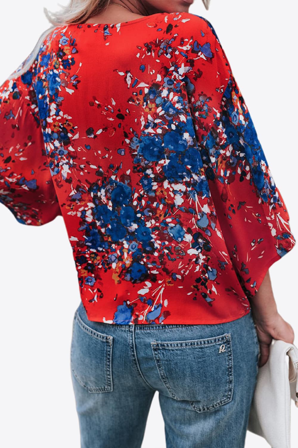 Shiny Printed Deep V Tie Hem Blouse