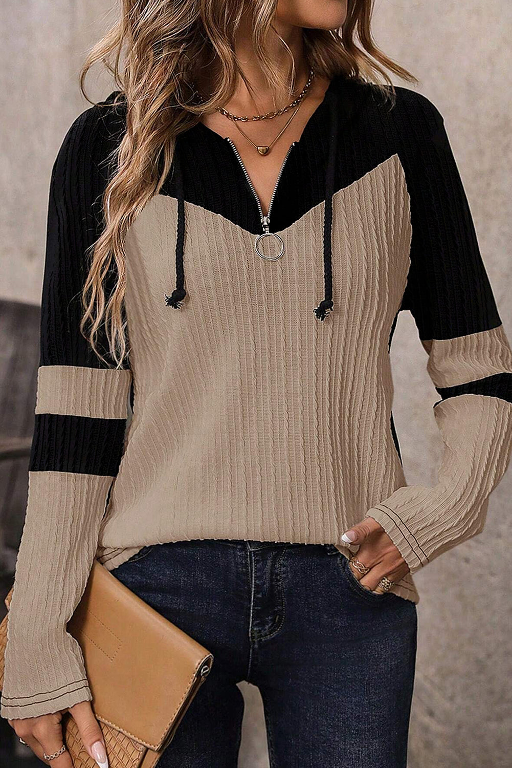 Parchment Textured Patchwork Long Sleeve Hooded Top