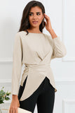 Boat Neck Back Tie Long Sleeve Satin Blouse - PD SECRET REALM