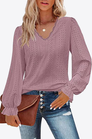 Eyelet V-Neck Flounce Sleeve Blouse - PD SECRET REALM