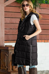 Green Hooded Pocketed Quilted Long Vest Coat