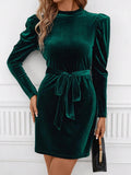 Mock Neck Tie Waist Puff Sleeve Mini Dress - PD SECRET REALM