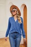 Buttoned Notched Neck Long Sleeve Top - PD SECRET REALM