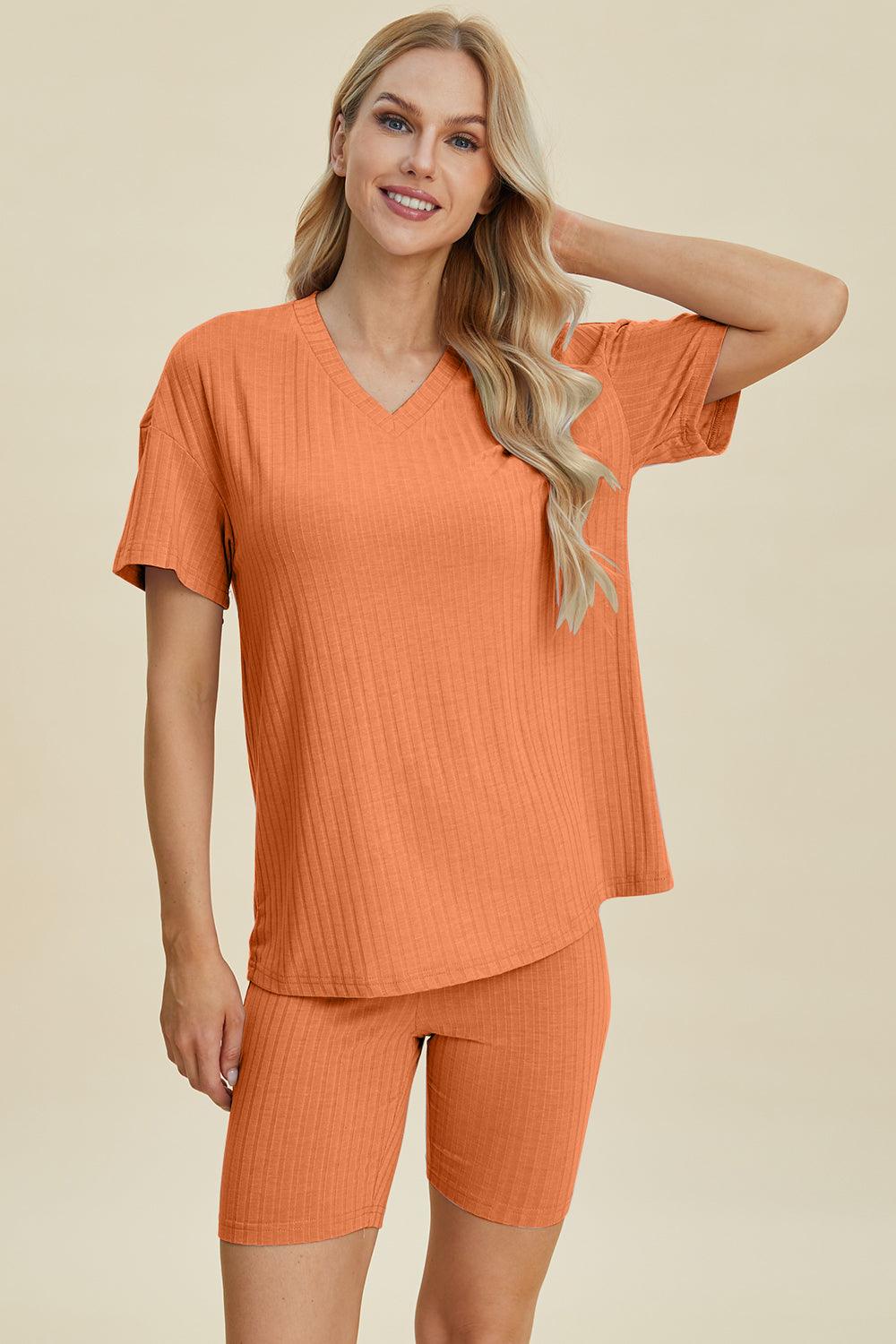 Full Size Ribbed V-Neck Short Sleeve Top and Shorts Set