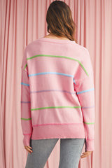 Pink Rainbow Striped Drop Sleeve Henley Sweater