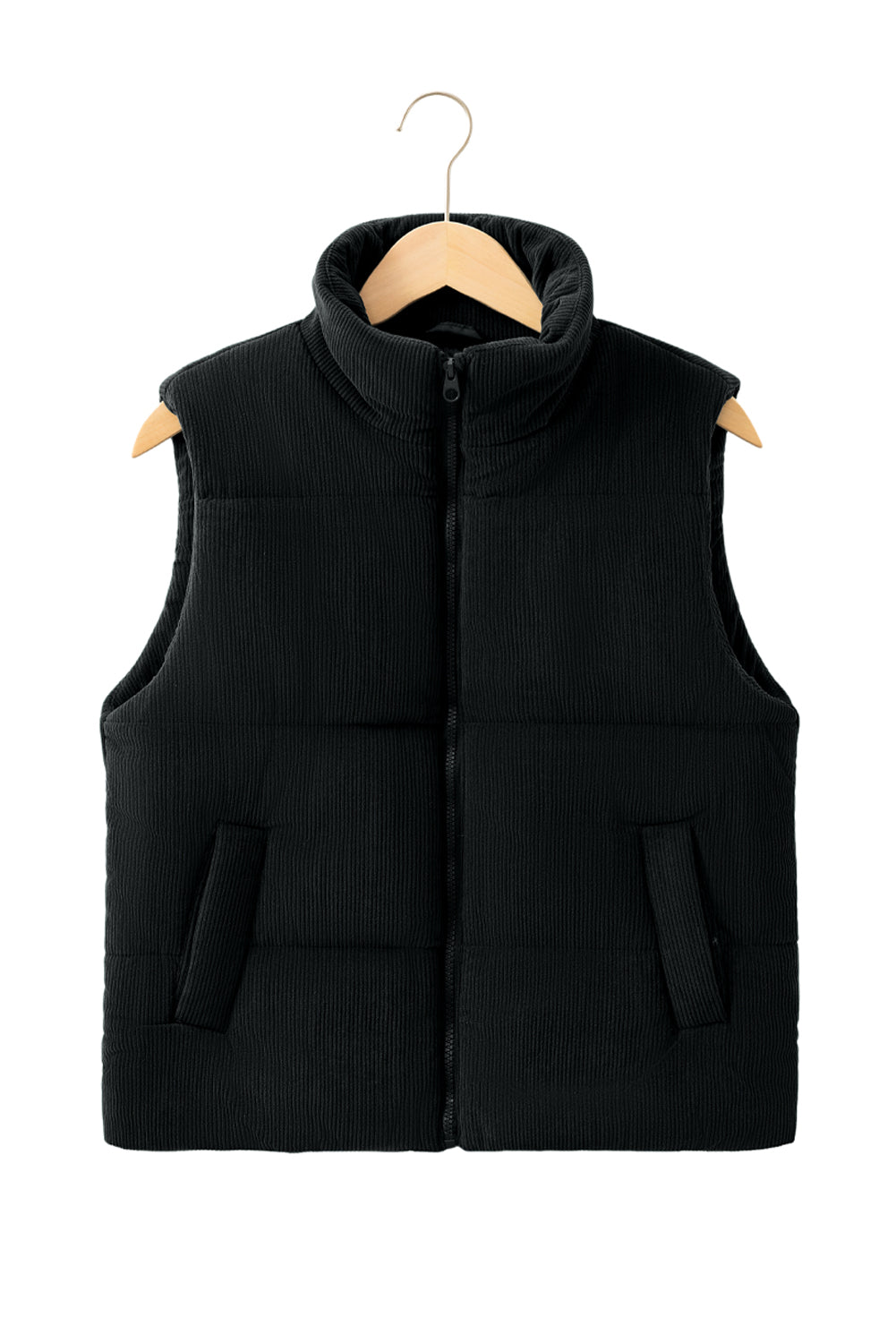 Coffee Solid Color Corduroy Puffer Vest Coat