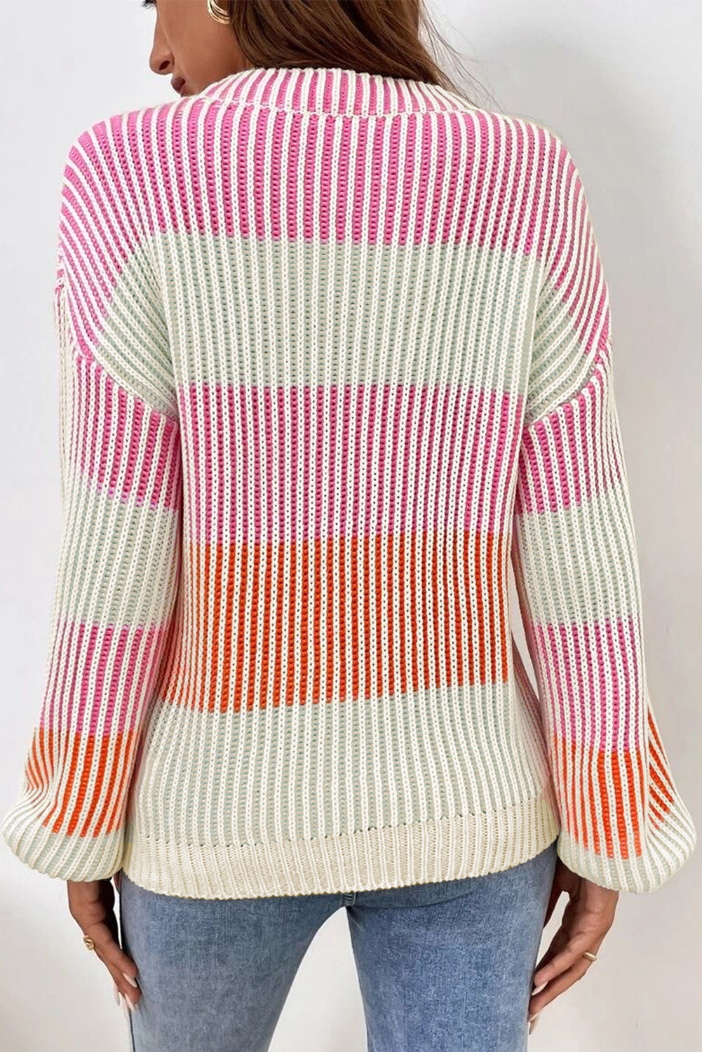 Pink Colorblock Lantern Sleeve Rib Knitted Sweater