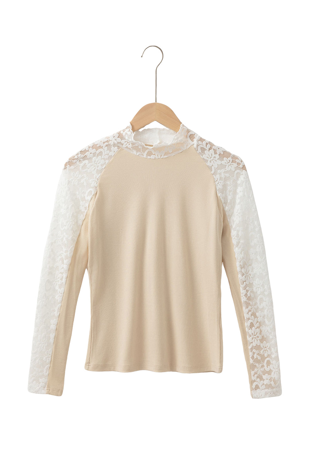 Beige Floral Lace Patchwork Long Sleeve High Neck Slim Top