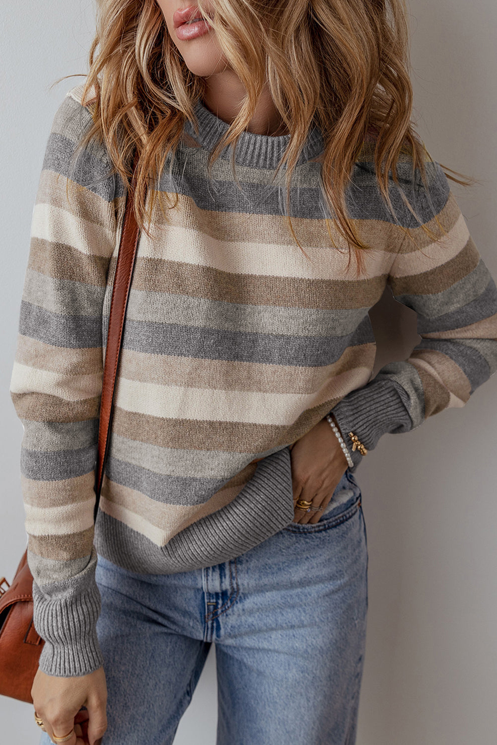 Gray Striped Ribbed Edge Round Neck Sweater