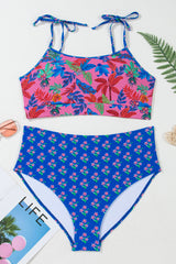 Blue Tropical Print Crop Cami and High Waist Plus Size Bikini Set