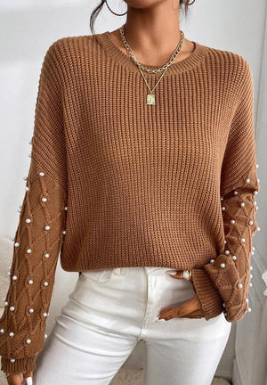 Pearl Detail Round Neck Long Sleeve Sweater - PD SECRET REALM