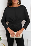 Boat Neck Back Tie Long Sleeve Satin Blouse - PD SECRET REALM