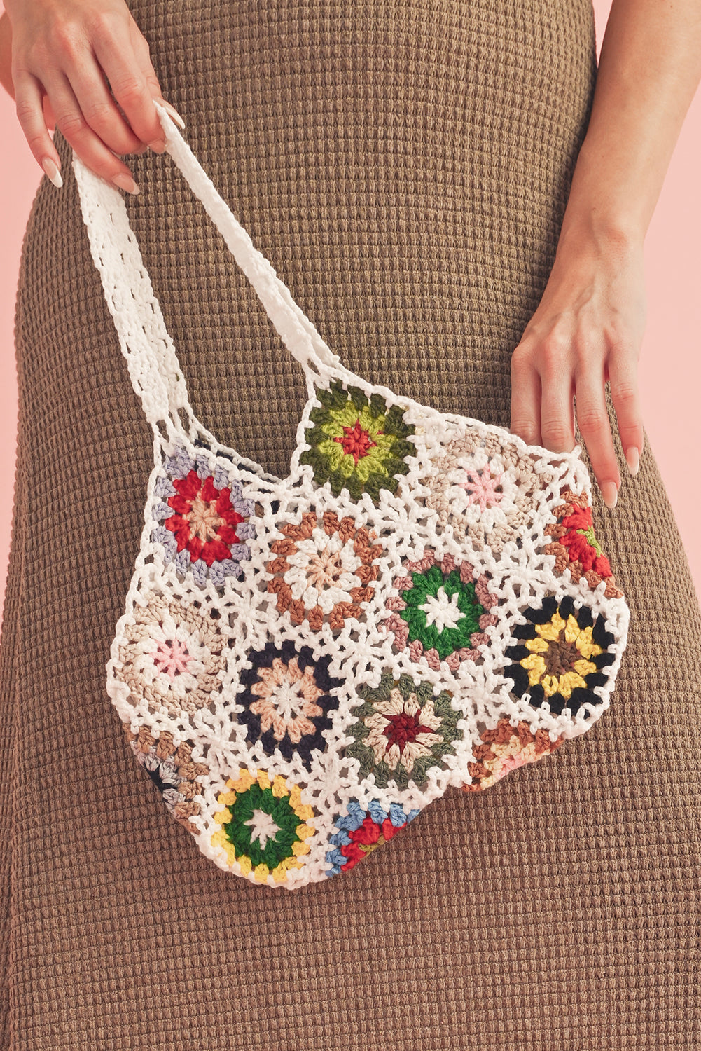 White Boho Floral Crochet Retro Hollowed Tote Bag