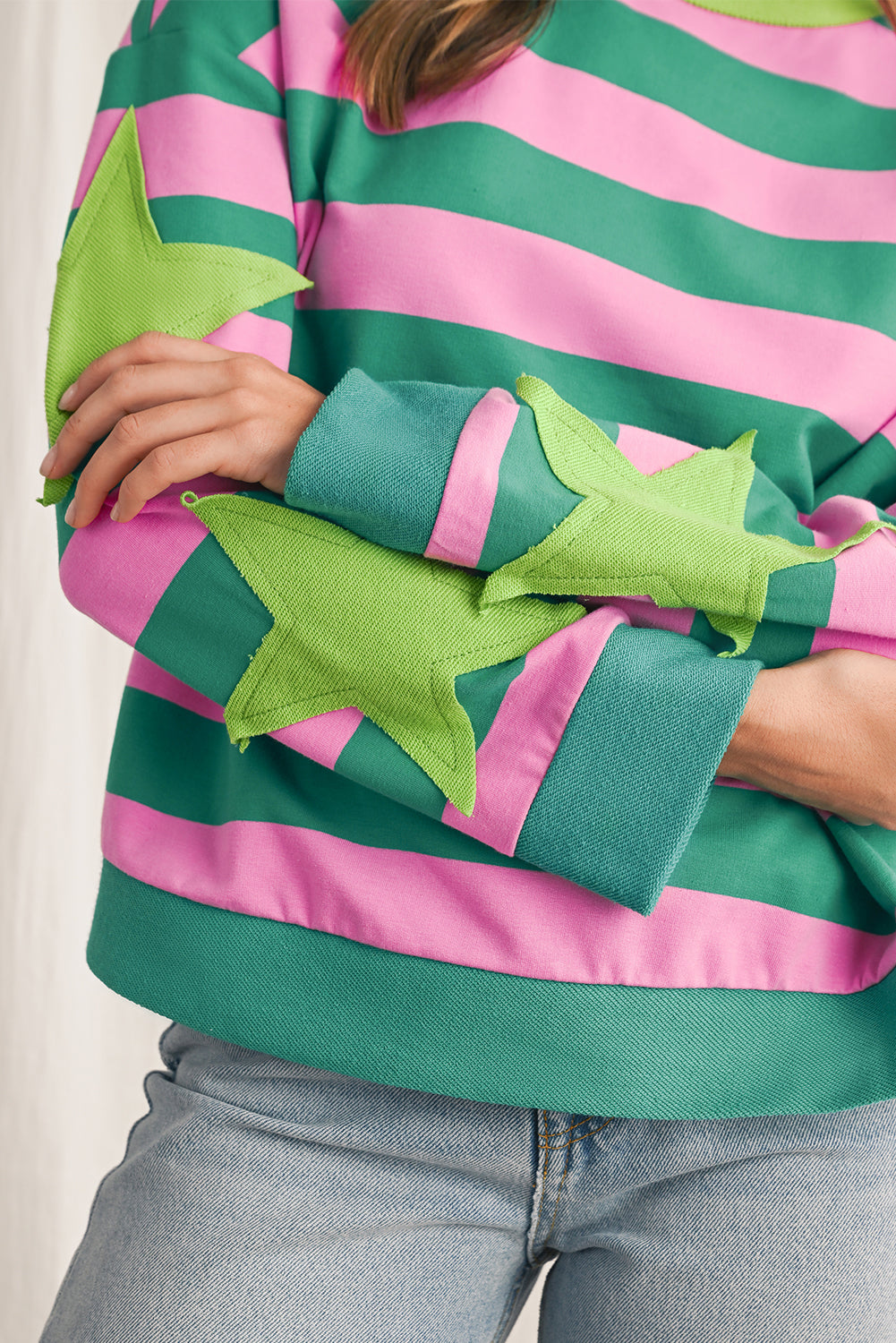 Pink Stripe Star Patchwork Round Neck Pullover Sweatshirt