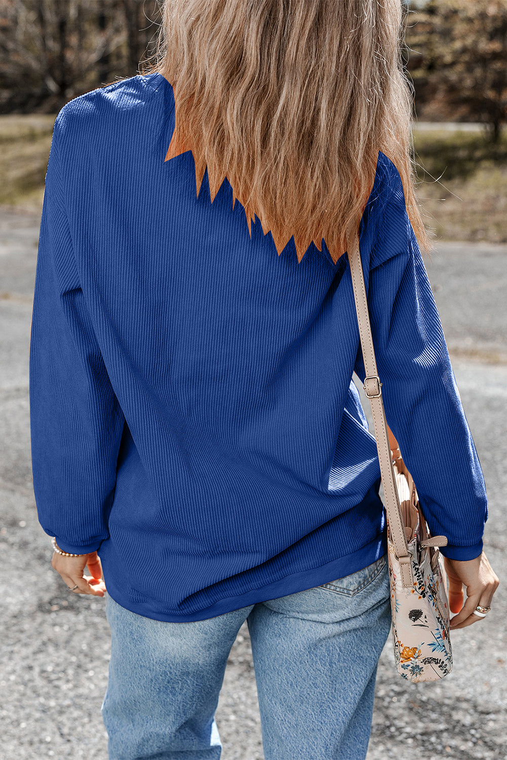 Dark Blue Plain Drop Sleeve Crinkle Rib Oversized Sweatshirt